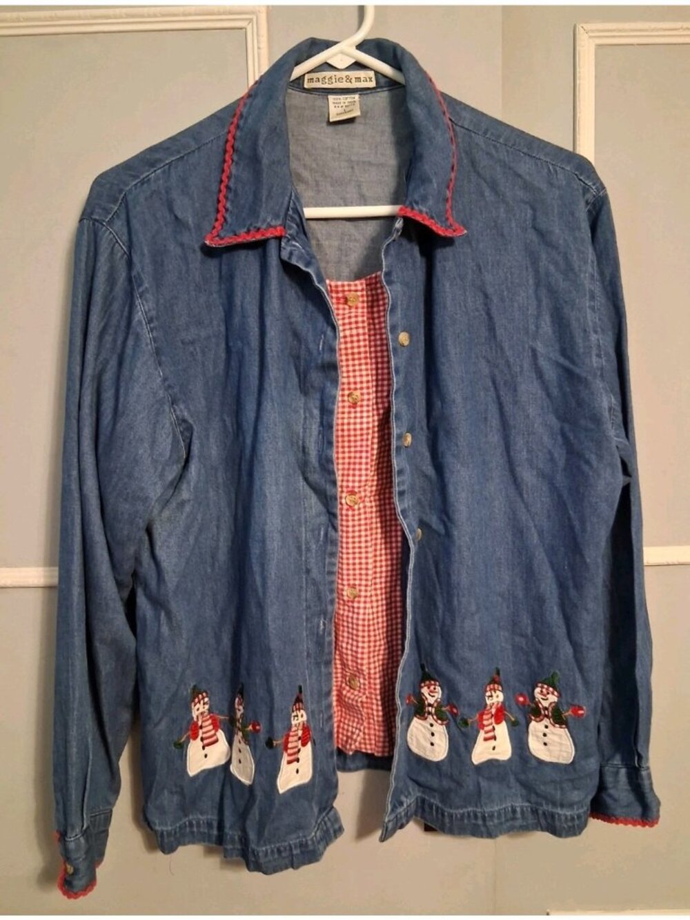 Maggie & Max Snowmen Embroidered Button Up Layered Shirt Women’s L Grannycore